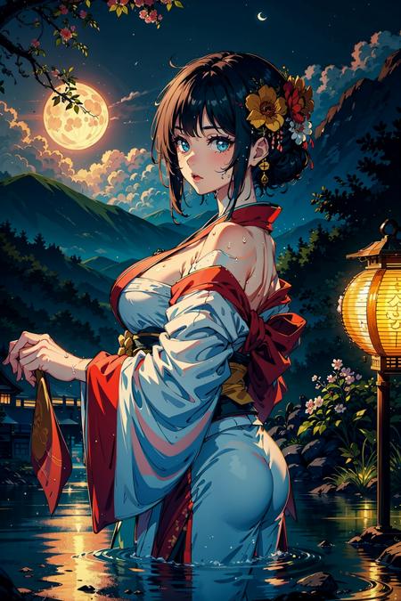 14519-478276382-1girl, breasts, moon, lantern, night, solo, large breasts, hair ornament, wet, kimono, japanese clothes, wading, water, hair flo.png